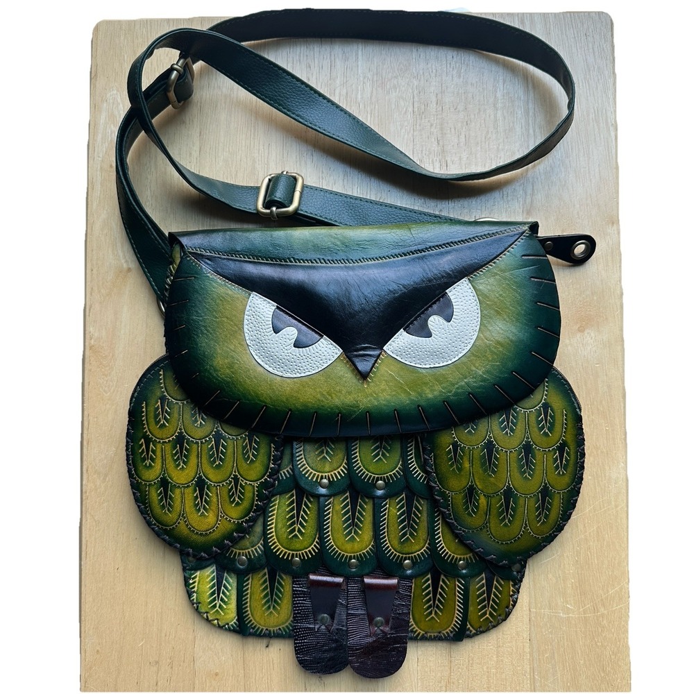 Kashani Owl Crossbody Purse 11.5x11 Inch Green Black Brown Leather Hand Tooled